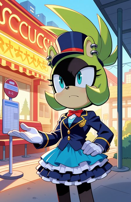 1girl, solo, no humans,  <lora:Surge-the-Tenrec_v41:1> surge the tenrec, black face, aqua eyes, piercing, earrings, topknot,
circus uniform, blazer, tiered skirt, pantyhose, top hat, bow,
(medium shot), waiting at a bus stop, detailed face, located in an urban scene at a crowded waterfront during evening with clear sky weather, illuminated by neon signs, creating a hectic,vibrant atmosphere, extremely detailed, highres, masterpiece, best quality