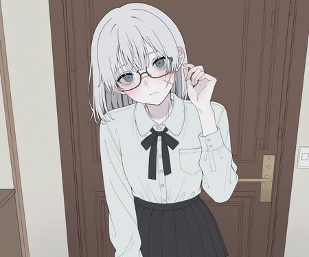 masterpiece, best quality, amazing quality, , 1girl, solo, glasses, scar on face, looking at viewer, shirt, skirt,  <lora:Happiiakujikijp ILL-v2:1> happiiakujikijp, detailed background