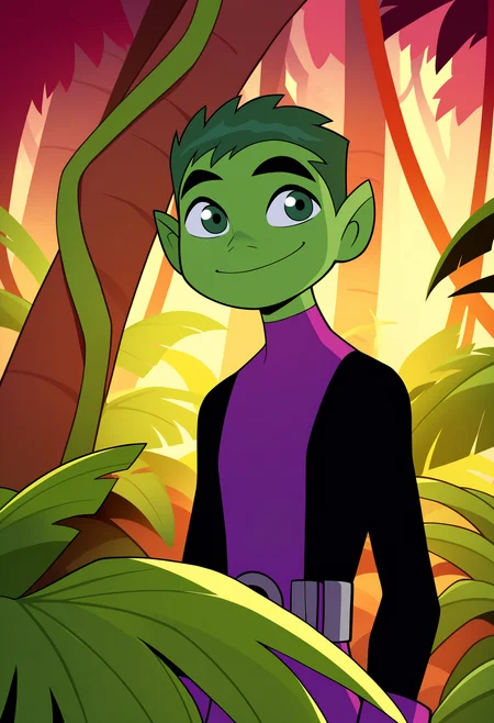 masterpiece, best quality, very aesthetic, absurdres,
1boy, beastboy, green hair, short hair, green eyes, green skin, 
bodysuit, 
smile, upper body, looking at viewer, solo, trees, jungle background,    <lora:BeastBoyTTNoobXL_byKonan:1>