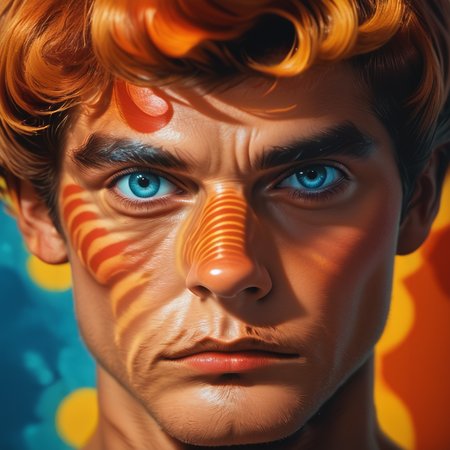 Score_9, score_8_up, score_7_up, score_6_up, <lora:60s_Psychedelic_MoviePony:1> ArsMovieStill, movie still from a 60s psychedelic movie, The image is a close-up of a man's face with his eyes looking directly at the camera. The face is covered in a colorful abstract pattern of lines and shapes that create a sense of movement and energy. The lines are in various shades of red orange and blue creating a gradient effect. The pattern is made up of small wavy lines that form a wave-like shape with some areas appearing darker and others appearing lighter. The overall effect is one of energy and movement. The man's expression is intense and dramatic with a focus on his eyes and nose. The image is taken from a slightly elevated angle making the colors of the lines stand out even more., eye focus, solo, close-up, looking at viewer, 1girl, portrait, blue eyes, blurry, eyelashes, bangs