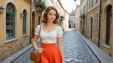 ([cowboy shot|portrait|candid|editorial]:1.1), lazyreal, (cute Olivia_Eneftees:1.2), cleavage focus,  (woman with medium hair and bangs), (style of Saul Leiter), 1950s France, woman with vibrant orange-red hair, soft waves and bangs, wearing a classic pleated flirty short skirt in deep navy blue, tucked blouse in crisp white with short sleeves, subtle vintage details, narrow cobblestone street in a quiet town, small shops and weathered facades in pastel tones, muted midday light, gentle shadows, relaxed posture, holding a small leather satchel, vintage shoes in a deep brown, warm and nostalgic color palette, soft textures, French countryside ambiance, timeless mid-century charm, thoughtful expression, subtle elegance