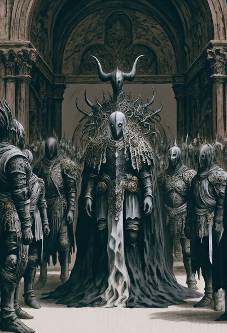 ghiblistyle, hkevil, MikeFranchinastyle, berserk style, Surreal art, d4artstyle, d4concept, , made of clay, Kentaro Miura, ZBClay model of a gray sculpture
an imposing scene featuring a group of ominous, armored figures standing in a grand, ancient hall, reminiscent of a dark medieval council. The central figure is the tallest and most imposing, dressed in elaborate, ceremonial armor with a sharp, angular helmet and intricate designs along their chest and shoulders, exuding an air of authority and judgment. Flanking this central figure are five other knight-like characters, each clad in unique, dark, ornate armor, with their own distinctive helmets and symbolic detailing, suggesting a hierarchy or order. One figure wears a helmet adorned with horn-like protrusions, another has a skull motif, and others have designs resembling feathers, masks, or shrouded faces, all of which add to their mysterious and foreboding presence. 
Set against a minimalist background to emphasize its unnatural form and grotesque anatomy. Background solid color with a faded dimly lit, black-covered darkness tone that emphasizes its silhouette. The medium is not a traditional painting or illustrative medium like watercolor or ink but rather a digital rendering, eerie and unsettling.