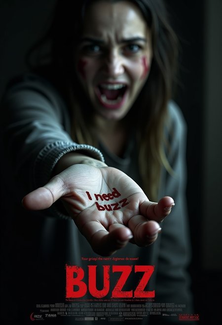 A chilling horror movie poster with title 'Buzz' at top , and subtitle 'Give me a buzz to pray for a better life for you.' at bottom. The poster is showing a terrified woman as she reaches out toward the viewer. In the palm of her hand, stark and haunting text reads 'I need buzz'. Dark background, ominous, eerie, unsettling mood. Include a movie studio logo that reads 'Civitai out of buzz'. The poster aesthetic evoke a sense of dread and mystery, a feeling of unease, portraying a sinister story behind the image.