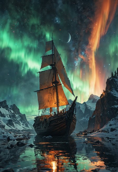Valhalla viking ship flying to the moon through aurora northern lights, solar wind, magnetospheric plasma, ionization, thermosphere/exosphere, cold/warm, milky way background, cosmic, astral, quantic, lucid dream, jaccob ladder, cyberpunk medieval norse celtic art,energy-filled epic science fiction film concept digital art by Maciej Kuciara and Vincent Di Fate, Hasselblad electric camera 70mm film, double long exposure panoramic photo in the style of Ansel Adams <lora:add-detail-xl:1>  <lora:MJ52:0.5>