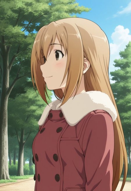 masterpiece,best quality,amazing quality, minami haruka, light brown hair, long hair, brown eyes, solo, 1girl, smile, tree, day, profile, outdoors, coat, sky