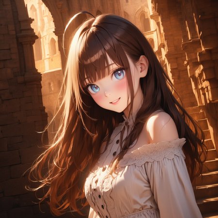 embedding:urn:air:sd1:embedding:civitai:222256@250708, masterpiece, 1 girl, beautiful girl, smile, close up, detailed face, detailed eyes, detailed pupils, blue eyes, brown hair, long hair, bangs, equal length bangs, small ahoge, bare shoulders, blush, medium breasts, white dress, frilly dress, looking at viewer, fantasy, european, castle in background, architecture, outdoors, best quality, high res, ultrasharp, high detail, sharp focus, dramatic, beautiful lighting, real life, intricate, caustics, subsurface scattering, reflections, (photorealistic:1.5), (ulzzang-6500:0.5), (RAW photo, 8k uhd, film grain)