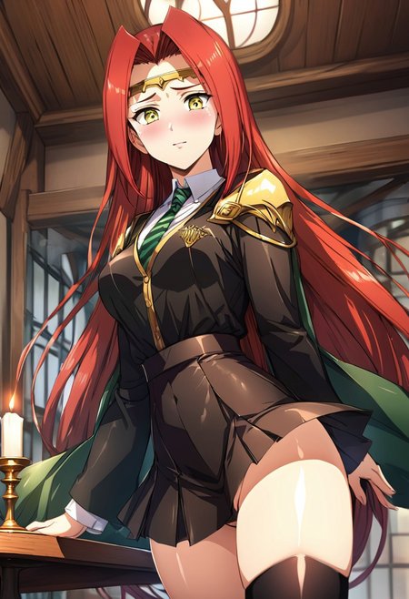 (best quality) , (highly detailed) , (best quality) , (highly detailed) ,((masterpiece)), ((best quality)), (ultra-detailed), ((extremely detailed)), (high resolution), 4K, (8K), best quality, (beautiful), (dynamic lighting), (super detailed skin), sharp focus, 1girl
<lora:fana_v1:1>,fana,circlet,red hair,yellow eyes, smiling, long hair
<lora:Fixhands_anime_bdsqlsz_V1:1>,
BREAK
wide sleeves, striped necktie, thighhighs, sweater, skirt, robe, hazy, wind, table, window, candle, aisle, great hall, hogwarts school uniform, 1girl, sweat, scared, shy, blush, slim figure, <lora:girllikeslytherin:0.8>  (((lustrous skin:1.5,bright skin: 1.5,skin,shiny skin,very shiny skin,shiny body,plastic glitter skin,exaggerated shiny skin,illuminated skin))),(detailed body,(detailed face)), Face Focus, Upper Body