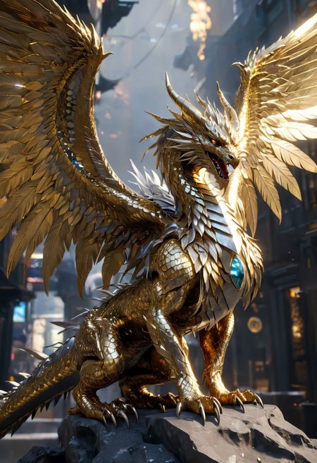 An insanely Detailed Divine Dragon, feral, fullbody, winged, 2wings, feathers wings, Golden and silver in color, cyberpunk, Diamond and Onyx eyes, a silver tinge to the golden color, Hyperdetailed, Omnipresent, Beautiful, Sinister overtones, a clash of Good and Evil in the background promoting Golden silver Blacks, otherworldly, in action pose
