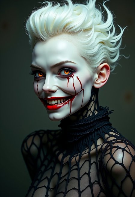 A close-up portrait of a woman with pale skin and white hair styled in a sharp, dramatic fashion. She has a sinister smile, with red lipstick and a clown-like red tear streak running down her cheek. Her eyes are a deep orange, and her expression is unsettling and menacing. She is wearing a black, web-like garment that appears to be a part of her body.
[Digital art, dark fantasy, horror], [Inspired by the work of Greg Rutkowski], [Focus on the face and the web-like garment, dramatic lighting with strong shadows, muted colors with pops of red, highly detailed and textured]