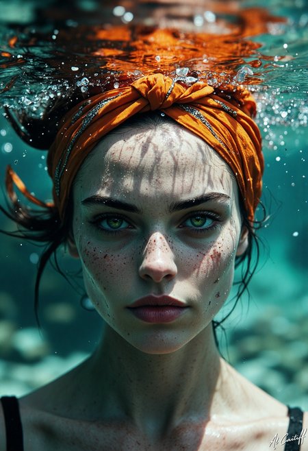 Underwater shot. Extreme close-up of a womanâs face fully submerged in turquoise water, her emerald green eyes, sharp and luminous, staring into the distance with quiet intensity. Her full lips are slightly parted, as if caught between a whisper and a sigh. A orange silk headscarf, adorned with intricate silver details. The waterâs ripples around her, distorting her image, while the warm sunlight enters the water and cuts across her face on clear beans of light, casting elongated shadows that deepen her pensive expression. A marine coral on the background blurry., fg, l1n0c2t<lora:Flux/Stylized-Super-Texture.safetensors:0.5000000000000001:0.5000000000000001> <lora:CustomFlux/MysticFantasy.safetensors:0.25000000000000006:0.25000000000000006> <lora:Flux/Linocut - s1 g4.safetensors:0.30000000000000004:0.30000000000000004> <lora:CustomFlux/MysticRealism.safetensors:0.7000000000000002:0.7000000000000002>