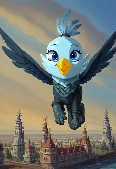 score_9, score_8_up, score_7_up, high quality, 1girl, solo, Genevieve Guildedwing, griffon, mlp, avian, feral, female, thin eyebrows, blue eyes, long eyelashes, yellow beak, bright feathers, feathery ears, flying in the sky, happy, sunny day,
