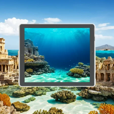 (tablet showcase) <lora:03_tablet_showcase:1.1>
Olive background,
high quality, professional, highres, amazing, dramatic,
(Underwater city and coral and ruins:0.5),