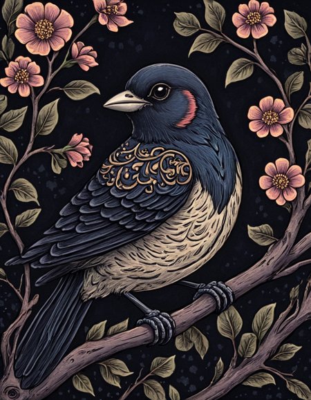novuschroma81 style bird on a branch with flowers  illustration <lora:novuschroma81 style:1>