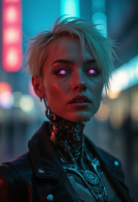 cybernetic robot In a dystopian cyberpunk world, a 22-year-old woman with a futuristic cyberpunk aesthetic dominates the frame,  she has sleek futuristic augmented synthetic cyborg body parts  , science fiction,  . android, AI, machine, metal, wires, tech, futuristic, highly detailed