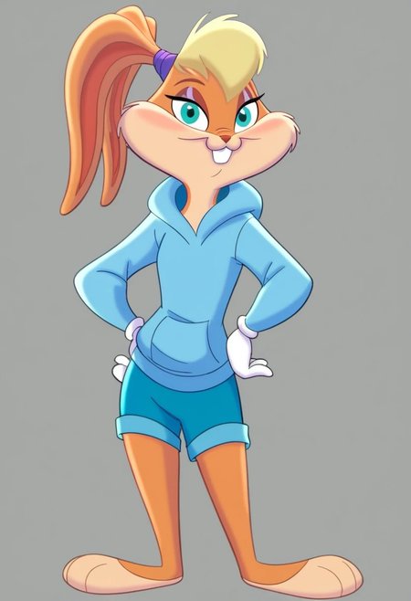 score_7_up, score_8_up, score_9, masterpiece,  high quality,
LolaBunnySJ2, furry, cartoon, anthro rabbit, looney tunes style, female, solo, 1girl, 
blond hair, beige body, green eyes, purple hairband,
white gloves, light blue hoodie, dark blue shorts, bare feet,
smiling, looking at viewer, hand on hip,  
standing, facing forward, front view, full body view, full body