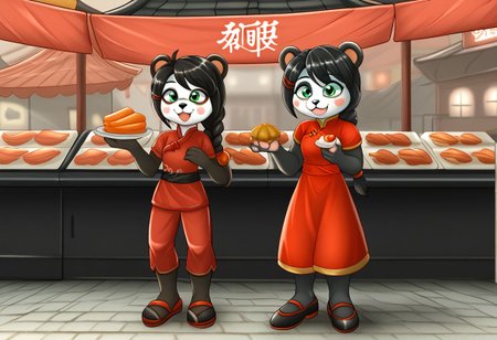 zPDXLxxx, YayaPandaPXL, furry,furry female, animal ears, green eyes, braid, black hair, panda ears, hair over shoulder, hair ornament, animal nose, blush, blush stickers, happy, simple chinese red dress, joyful, black chinese pants, black chinese shoes, eating chinese street food, china street market night background, cheerful, happy customers, chinese night food market, chinese nightlife, crowded streets,