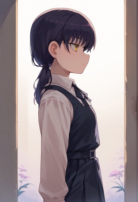 (zPDXL3),
(zPDXLxxx), 
1girl, 
solo, 
AsaXYoruSDXL,
long hair,
black hair,
brown eyes,
ribbon,
low twintails,
school uniform,
yellow eyes,
white shirt,
collared shirt,
black dress,
black ribbon,
pinafore dress,
sleeves dress,
long sleeves,
neck ribbon,
sittng,
watching tv.
medium shot, 
side view,