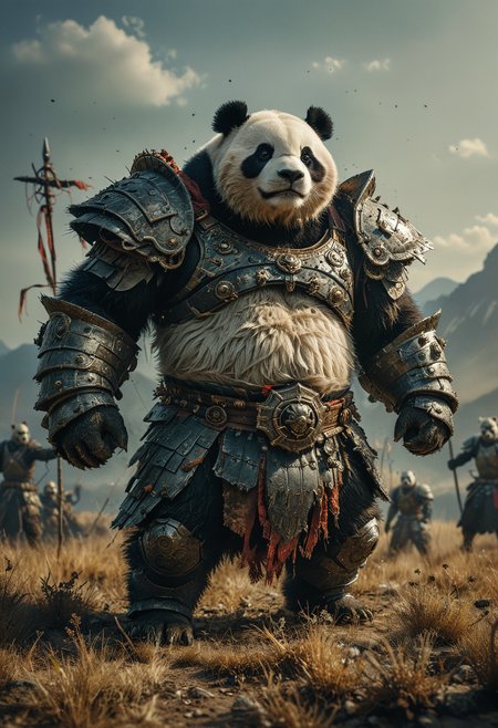 An imposing and fierce fluffy panda warrior stands in a dry grassland battlefield, dressed in rugged battle-worn armor, the panda has a muscular build and determined expression, intimidating presence, group of warriors in the background, emphasizing the epic nature of this scene, The panda warrior is powerful, bravery and readiness for battle, high contrast, dramatic scene, <lora:MJ52:0.4>, <lora:SDXLFaeTastic2400:0.4>, <lora:CinematicStyle_v1:0.7>, <lora:add-detail-xl:1>, <lora:zavy-cntrst-sdxl:0.5>, <lora:- SDXL - vanta-black_contrast_V3.0:0.6>