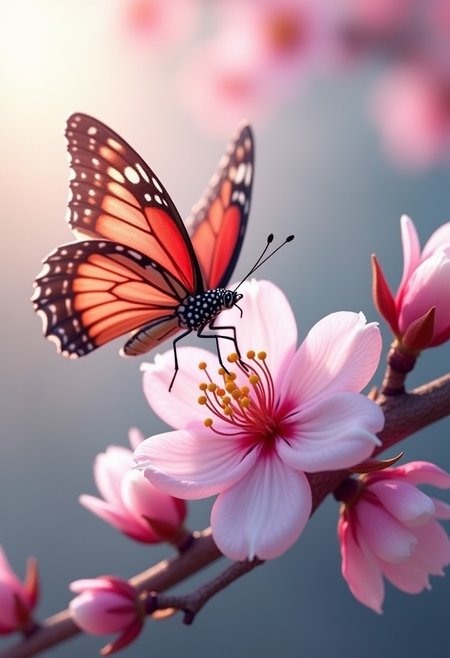 A butterfly landing on a blooming cherry branch, beautiful wallpaper, ultra HD 8K