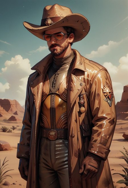 score_9, score_8_up, score_7_up, detailed, 1boy, human, cowboy, sci-fi, futuristic, alien planet, desert planet, desert, long leather coat, shiny coat, shiny trousers, shiny pants, shiny shirt, shiny hat, cowboy hat, beard, knva, moody, cowboy shot, bokeh, shiny, retro artstyle, dirty, gritty, dusty, shiny, metallic clothing, blonde, goggles,( steampunk:0.5),( dieselpunk:0.5), dune, artwork, shiny clothes, reflective clothes, metallic clothes, long coat, long jacket, golden, ((reflective metallic clothing)),