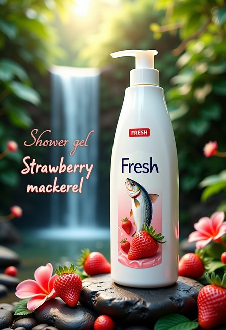 Close up of Shower gel bottle. This image is a high-fashion advertisement for Shower gel. 
The bottle rests on a stone - a tall white plastic bottle of Shower gel. The bottle featuring image of mackerel fish and delicious strawberry. Writing on the bottle  "FRESH". Smaller writing on the bottle  "shower gel". 
aidmatextimprover.
Big words text inscription to the left of the bottle "Shower gel Strawberry mackerel". 
The scene takes place in an enchanted tropical forest with waterfall and exotic glowing flowers scattered throughout. The aesthetics are romantic, sunny, cool, fresh, diffused light, rich colors, and a sense of otherworldly beauty.