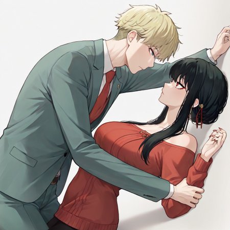 masterpiece, best quality, newest, absurdres, highres, WHLIEV1.0, holding another's wrist, looking at another, holding, 1boy, loid forger (spy_x_family), blonde, blue eyes, green suit,
1girl, yor_forger, spy_x_family, black_hair, red_eyes, red sweater
from side, side view,