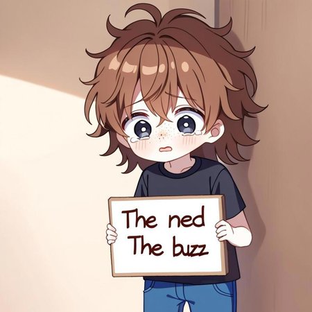 1boy, white skin, freckles, brown hair, messy hair, black t-shirt, blue pants, big eyes, cute, tears, black eyes, dilated pupils, English text, Holding a sign that reads the text: "I need Buzz", handwritten text,