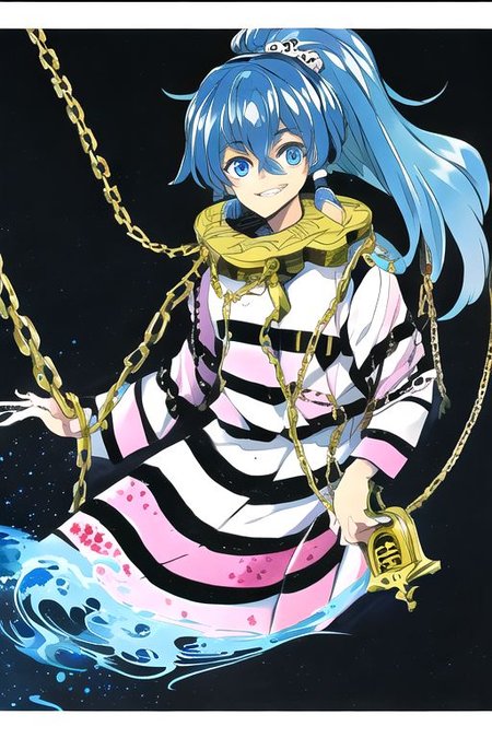 solo, 1girl, solo_focus, ((too many)):16, 
watercolor (medium), traditional media, 
miyadeguchi_mizuchi, solo, 1girl, smile, shirt, long_sleeves, skirt, hair_ornament, teeth, ponytail, chain, cuffs, blue_hair, shackles, long_hair, chains, striped_shirt, striped, skull_hair_ornament, blue_eyes, hair_tubes, bags_under_eyes, ghost, glowing_eyes, wide-eyed, spirit,