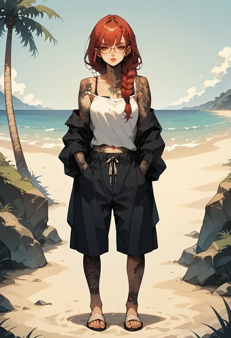 score_9, score_8_up, score_7_up, score_6_up, score_5_up, score_4_up, (masterpiece, best quality, high quality, highres, ultra-detailed), source_anime, 1girl, solo, standing, full body, red hair, low-braided long hair, oversized shirt, band shirt, off shoulder, bra strap, oval glasses, small eyewear, semi-rimless eyewear, peeking over eyewear, half-closed eyes, board shorts, hands in pockets, flip-flops, beach, <lora:Sinozick_Style_XL_Pony:0.1> sinozick style, flat color, <lora:jym-r4t:0.1> <lora:t4tsXLP:0.8> tattoos, tattoo,
