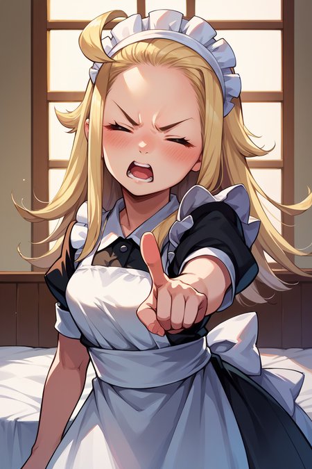 score_9, score_8_up, score_7_up, score_6_up, source_anime BREAK 1girl, solo  <lora:edealee-pdxl-nvwls-v1-000005:1> bdEdea, blonde hair, ahoge, maid headdress, maid dress, apron, closed eyes, open mouth, blush, pointing at you, looking at you, bedroom, angry