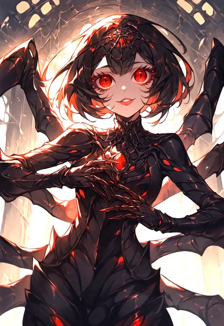 (masterpiece: 1.2), (best quality: 1.2), very aesthetic, 4k, dynamic pose,live frame, (cute style: 1.2), vivid color, deep colors,dramatic lighting, intricate details, thick contours, volumetric shadows, Expressiveh,(detailed hair: 1.4),big eyes, (detailed eyes: 1.4), eyelashes, detailed body,detailed face,clean face,shiny face ,pretty face, (detailed lips: 1.2),(detailed fingers: 1.2),1 girl, solo,arachne, monster girl, arthropod girl, short hair, spider eyes,red eyes, multiple legs,smile, carapace, Standing , holding a sword,cowboy shot,indoor,large hall,round hall,(cobweb: 1.2),