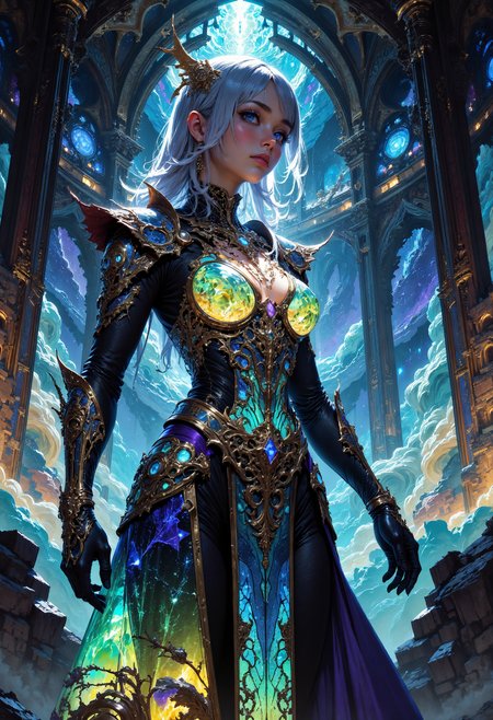 (in Otomo Katsuhiro style:1.2), masterpiece, high-quality, A breathtakingly beautiful woman clad in armor that blends the luminescence of stained glass and the rugged texture of volcanic obsidian, her presence exuding a mysterious duality, Her attire features intricate crystalline patterns interwoven with molten gold filigree, illuminated by shafts of diffused twilight that cast glowing reflections and sharp contrasts on her armor, The background depicts a cosmic cathedral with floating arches and swirling nebulae, (elaborate fine details:1.1), (hyperdetailed:1.1), (intricate details:1.0), (Refined details:1.1), (best quality:1.1), (high resolution:1.2), <lora:FLUX\VividlySurrealV2:0.6> <lora:FLUX\RIDD_FluxMedian:0.6>