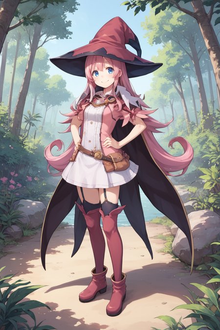 score_9, score_8_up, score_7_up, score_6_up, source_anime, BREAK, <lora:Pamela:0.65> pamdef, 1girl, pink hair, long hair, blue eyes, witch hat, white skirt, cape, black zettai ryouiki, thighhighs, garter straps, boots, full body, looking at viewer, smile, happy, scenery, exterior, outdoors, forest, jungle, hands on hips, <lora:backgroundsetXL:0.3> , background,
