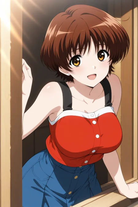 masterpiece, best quality, handmaidmay_kasumi_ilxl <lora:handmaidmay_kasumi_ilxl:1> brown hair, brown eyes,  blue short skirt ,red shirt , large breasts, general ,  leaning out of a window, soft sunlight on face, smile, looking at viewer, open mouth