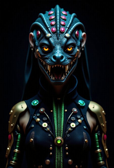 A female Nordic reptilian alien stands tall in a captivating futuristic dark fantasy realm. Her vibrant jewels and intricate accessories, including high-tech quantum neural lace and a glowing gold plasma mechanical_arms, and cybernetic implants, create a mesmerizing display. The reptilian eyes and scales on neck and jaw, draw attention and captivate and enthrall the viewer with her unique look. She embodies the essence of power and mystery.  <lora:art and styles/dark_fantasy_flux:1.0>,  <lora:Daisy-Acid:0.3>, lsd-art, acid-art, trippy,
