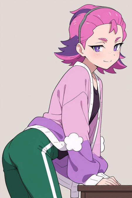 masterpiece, best quality, 1girl, solo,bbDotPKMN, 1girl, purple eyes, bright pupils, hairband, pink hair, short hair, black shirt, long sleeves, jacket, open clothes, green pants,   <lora:DotPokemonIXL_v1:1.0>, side view, ass, leaning forward, cowboy shot, smile, looking at viewer, shiny skin,