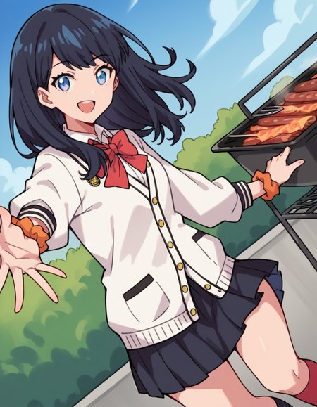 score_9, score_8_up, score_7_up, source_anime, <lora:rikka-takarada-s1-ponyxl-lora-nochekaiser:1>, rikka takarada, black hair, blue eyes, long hair, orange scrunchie, scrunchie, wrist scrunchie, black footwear, black skirt, bow, bowtie, buttons, cardigan, collared shirt, long sleeves, microskirt, pleated skirt, red bow, red bowtie, red socks, school uniform, shirt, shoes, skirt, socks, thighs, white cardigan, white shirt,, backyard, barbecue, grilling, laughter, summer evening, smile, looking at viewer, hand reaching forward, knee up, arm down, solo,, cowboy shot, dutch angle