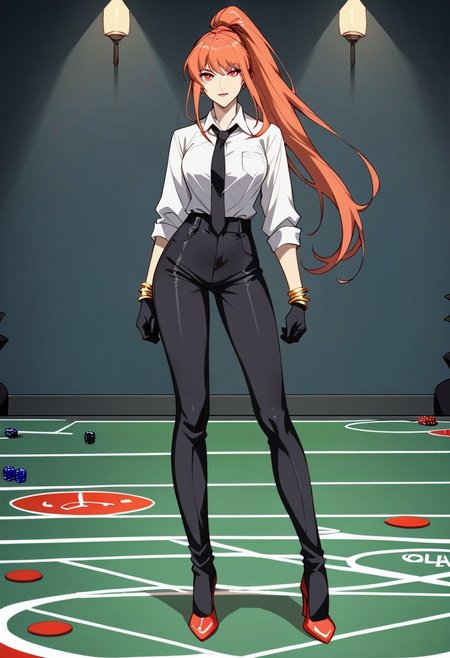 score_9, score_8_up, score_7_up, 1girl, night, indoor, in a casinò, full body, dynamic shot, from high, long legs standing behing a poker table, green table, solo, dynamic pose, Feng Ling, orange hair, red eyes, medium breast, long hair, ponytail, black pants, white shirt, long sleves shirt, black gilet, black neck tie, red heels, gold slim bracelets, black gloves, looking at the viewer, long legs, nice legs, white hips ultra detailed, masterpiece, <lora:add-detail-xl:1>, <lora:StS_PonyXL_Detail_Slider_v1.4_iteration_3:4>