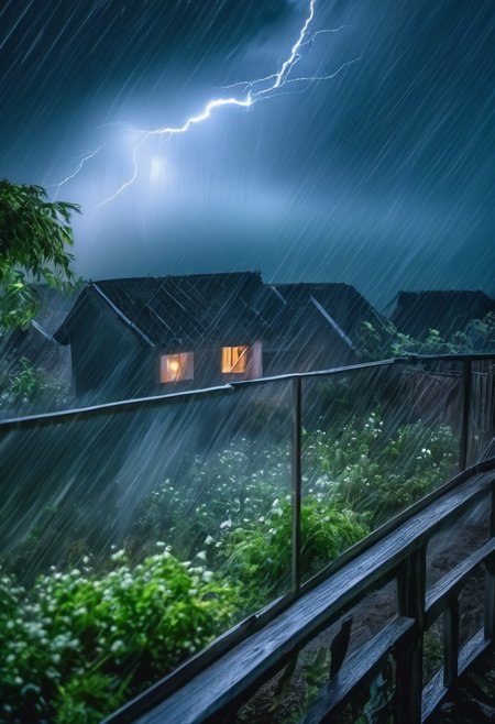 Best quality, masterpiece,
View at night thunderstorm from window village house, village outside and plants under strikes of strong wind, wrath of nature