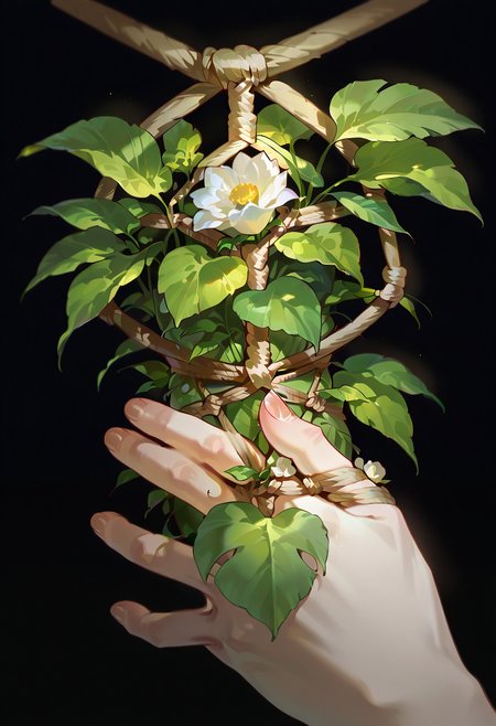 flower shibari, (flower), bound, bondage, rope, plant, leaf,  hands, arms, close-up, fingernails,black background,no humans,