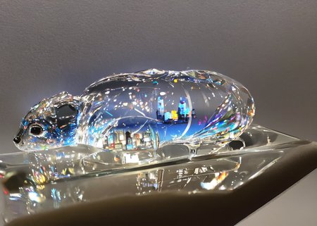 realistic glasssculpture of a rabbit, translucent, transparent, detailed cityscape background, street, reflections. cgsociety masterpiece,  flowers everywhere, artstation trending, by rossdraws, ghibli, Kimi no Na wa, greg rutkowski