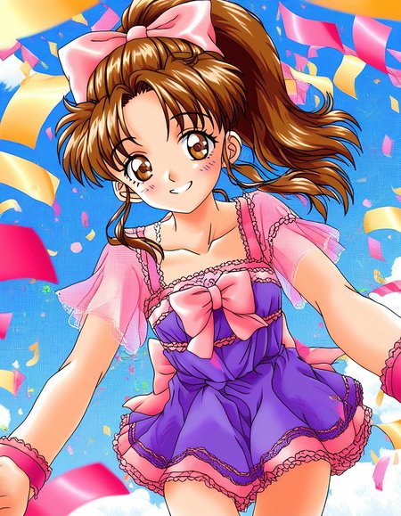 score_9, score_8_up, score_7_up, source_anime, rating_explicit, BREAK   <lora:Nut_Berry_girl_XL:0.9> Nut_Berry_girl, brown hair, brown eyes, ponytail, small breasts, long hair, pink bow, smile,
idol, idol costume, live stage, confetti1 girl, confetti
smile,
looking at viewer, 
cowboy_Shot,