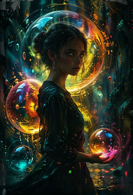 <lora:Lost_In_Dreams:0.75>,bold bright colored orbs glow to light a dark space around a beautiful young woman,atmospheric,dramatic, glow effects, godrays, Hand drawn, render, 8k, octane render, cinema 4d, blender, dark, atmospheric 4k ultra detailed, cinematic, Sharp focus, big depth of field, Masterpiece, colors, 3d octane render, 4k, concept art, trending on artstation, hyperrealistic, Vivid colors, extremely detailed CG unity 8k wallpaper, trending on CGSociety, Intricate, High Detail, dramatic