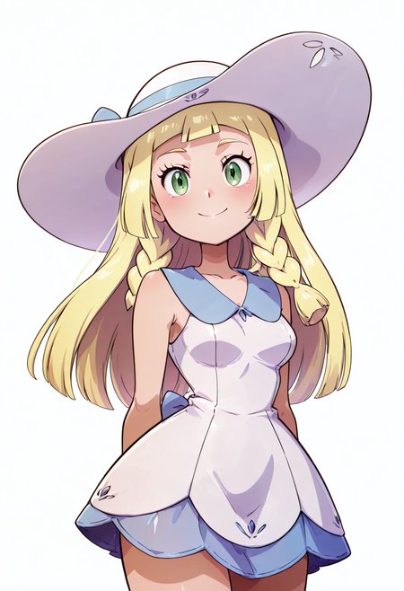(masterpiece, best quality, good quality, very aesthetic, absurdres, newest:1.2),    medium breasts, (curvy),  ,,,  zzLillie, long hair, braid, sun hat, white headwear, collarbone, sleeveless dress, white dress, <lora:LilliePokemon_NAI:1.0>,  smile, looking at viewer, cowboy shot,   <lora:GoldenCATLoraNAI:1.0>,