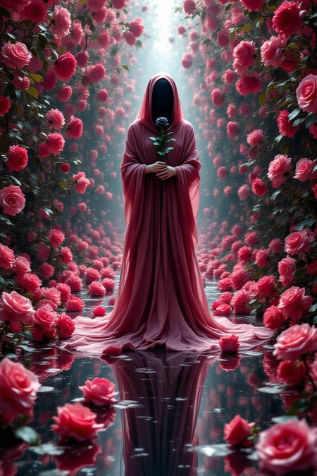 Visualize a mirrored realm where every surface reflects an infinite expanse of roses, each one more sensual and perfect than the last. In the center of this boundless garden stands a figure, draped in flowing fabrics that mimic the petals of the roses. The figure holds a single, black rose that absorbs light, creating a stark contrast to the endless reflections. The air is charged with an erotic tension, as if the mirrors themselves are captivated by the allure of the roses. The entire scene is bathed in a soft, ethereal light that gives the image an amazing, dreamlike quality. This depiction of the mirrored realm is a testament to creativity in novel dimensions, offering an awe-inspiring and picturesque view that tantalizes the imagination and ignites the senses.