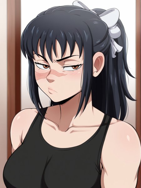 (masterpiece, amazing quality, best quality), <lora:blackwhiplash(bwl)-guy90-Illust-Lycorisv1:1>, blaash,
 <lora:UtahimeIL:1>, iori utahime, 1girl, solo, long hair, black hair, ponytail, scar, scar on face, scar on nose, brown eyes,