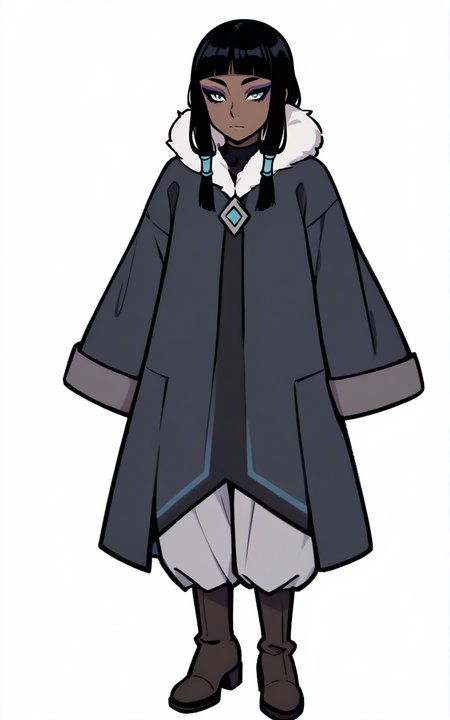 best quality, absurdres,full body, <lora:BolivanteStyleITS:0.8>, <lora:ELKITS:0.8>, boots, coat,dark blue coat, sleeves past wrists, sleeves past fingers, long sleeves, fur trim, black hair, dark-skinned female, dark skin, bangs, blunt bangs, sidelocks, blue eyes, eyeliner, makeup, hair tubes, white background,slim