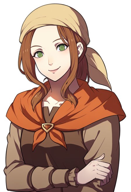 score_9, score_8_up, score_7_up, source_anime, BREAK, solo, 1girl,  <lora:zs_FE3HPortraitsXL:1>, fe3hportraits, upper body, white background,  <lora:Fates-villager-maiden-pdxl_Fp:1>, fatesvillagemaiden, ponytail, bandana, brown hair, green eyes, brown shirt, long sleeves, neckerchief, pants, smile