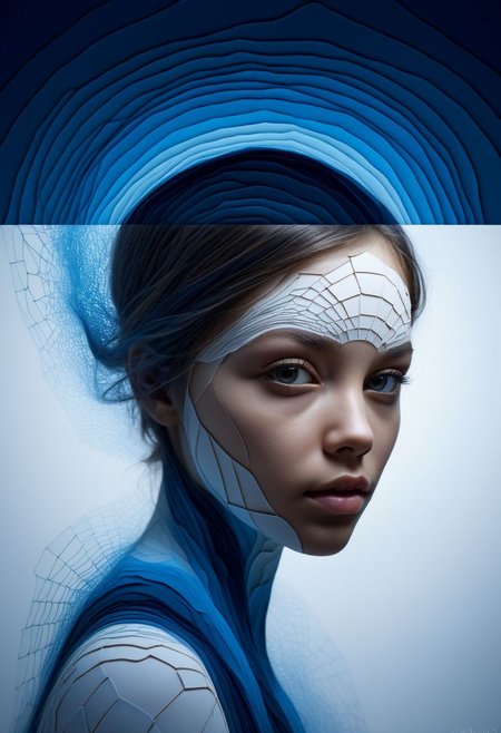 mysterious face, an exotic girl in artsy clothing, fading backlit background, (deep sea fading white to deep blue layered papercut background), alluring goddess, by Minjae Lee, Carne Griffiths, Emily Kell, Steve McCurry, Geoffroy Thoorens, Aaron Horkey, Jordan Grimmer, Greg Rutkowski, amazing depth, double exposure, surreal, geometric patterns, intricately detailed, bokeh,  perfect balanced, deep fine borders, artistic photorealism , smooth,  great masterwork by Suiras  <lora:add-detail-xl:2>  <lora:Double_Exposure:0.5>