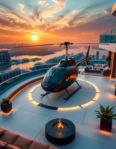 A high-resolution photo of a luxurious rooftop of a five-star hotel at sunset, featuring a sleek helipad with a high-end, matte-black private helicopter elegantly parked. The rooftop is designed with ultra-modern architecture, featuring a spacious terrace with infinity-edge glass railings, ambient lighting, and a panoramic city skyline in the background. The surface of the helipad is clean, polished concrete with clear illuminated markings. Surrounding the helipad, there are lounge areas with modern outdoor furniture, minimalist fire pits, and decorative planters with tropical greenery. The lighting is warm and golden, casting soft shadows and highlighting the contours of the helicopter and the textures of the rooftop. The sky is dramatic, painted with hues of orange, pink, and violet, creating a cinematic atmosphere of luxury and exclusivity. The overall mood is elite, calm, and aspirational, showcasing the ultimate in urban luxury lifestyle.
<lora:SDXLFaeTastic2400:0.4> <lora:extremely_detailed:0.4> extremely detailed, <lora:helipad_r00ft0p:1>,helipad r00ft0p, Masterpiece,best quality,hi res,8k,hi res,8k,award winning,(sharp focus, intricate, highly detailed),
